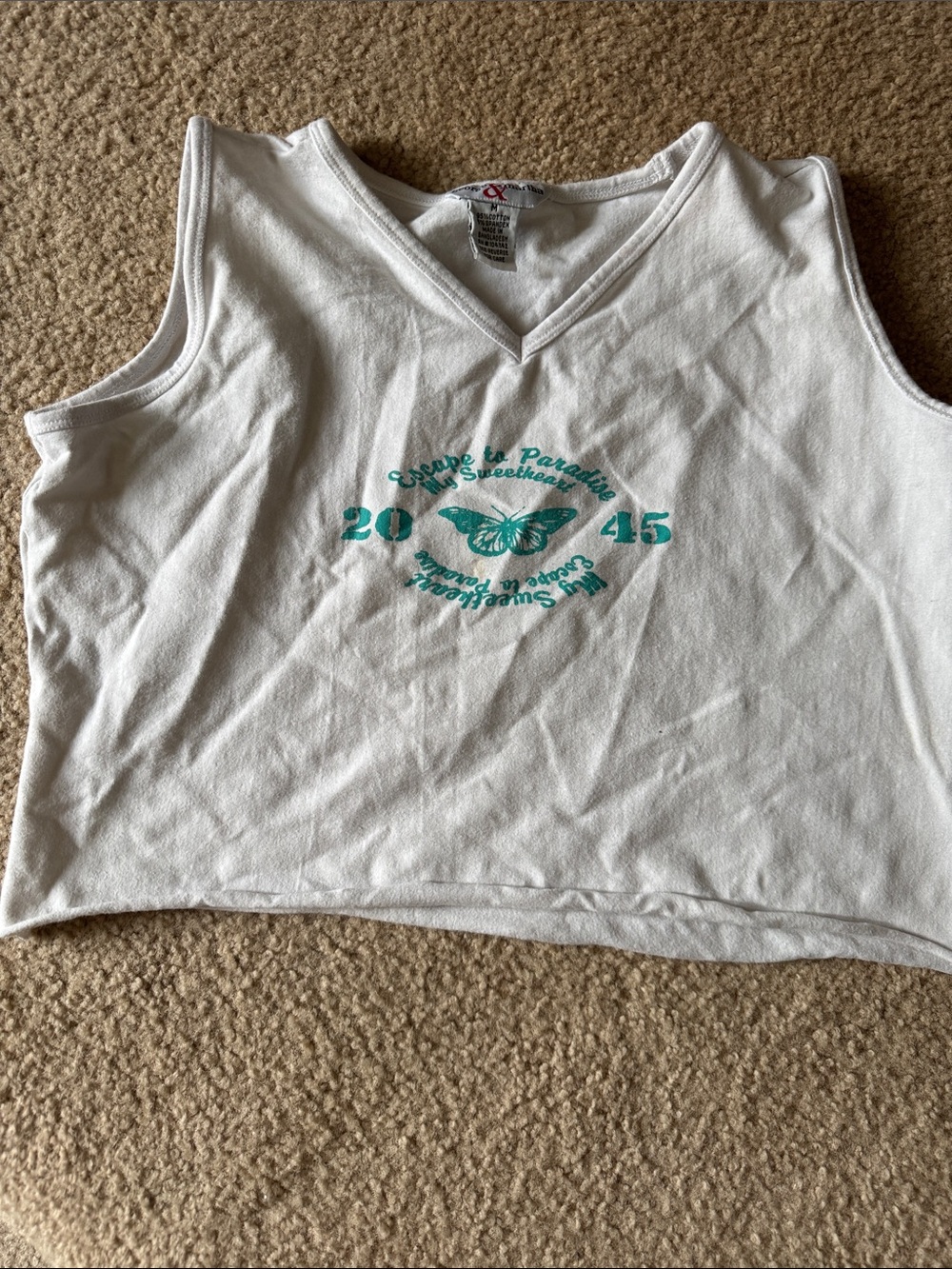 George White V‑Neck Crop Top with Teal Butterfly Graphic